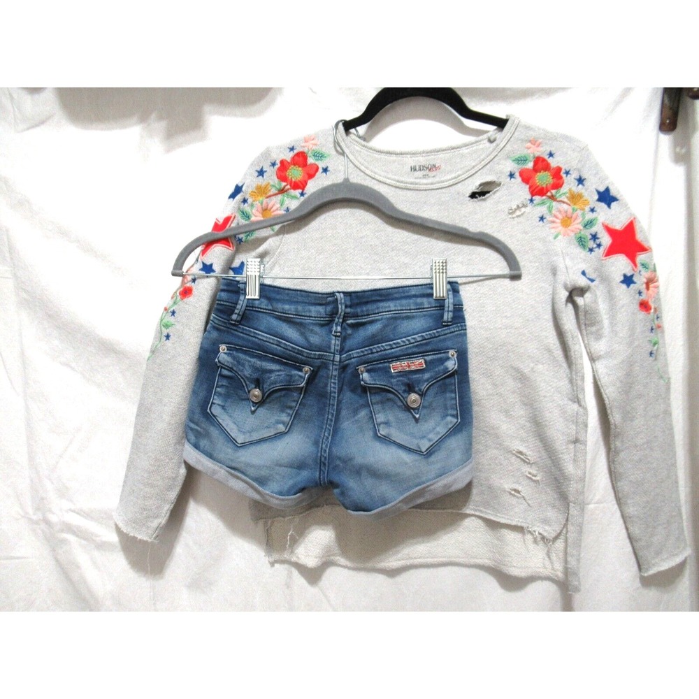 Hudson Kids 10/Medium Blue Denim Cuffed Shorts & Long Sleeve Embroidered Shirt